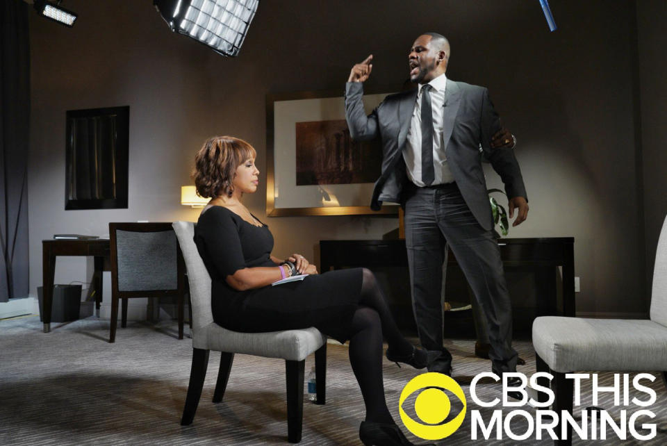 In this March 5, 2019 photo provided by CBS, R&B singer R. Kelly gestures while making a point during an interview with Gayle King on "CBS This Morning" broadcast. The R&B singer gave an interview after being charged with sexually abusing four females dating back to 1998, including three underage girls. Kelly has pleaded not guilty to 10 counts of aggravated sexual abuse. (Lazarus Jean-Baptiste/CBS via AP)