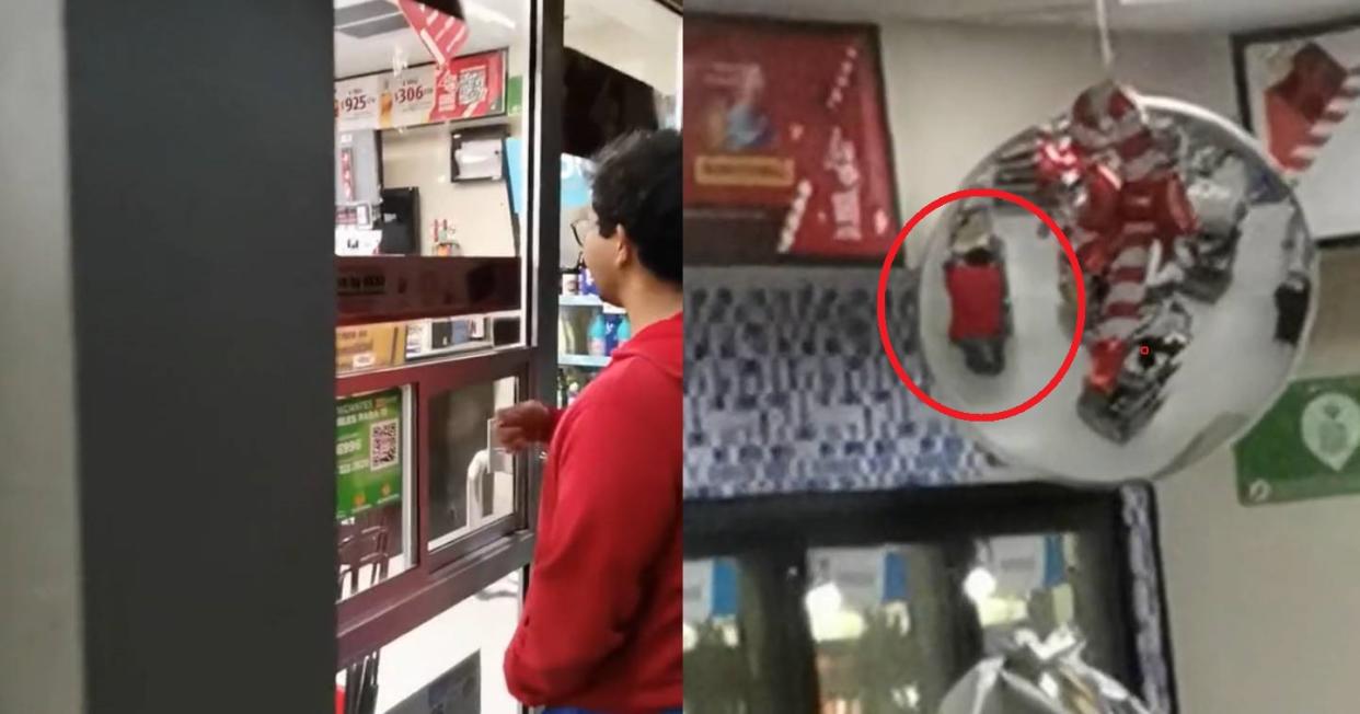 Trabajador del Oxxo se esconde para no atender a unos clientes . Foto: Captura de video TikTok vía @h_fuerte