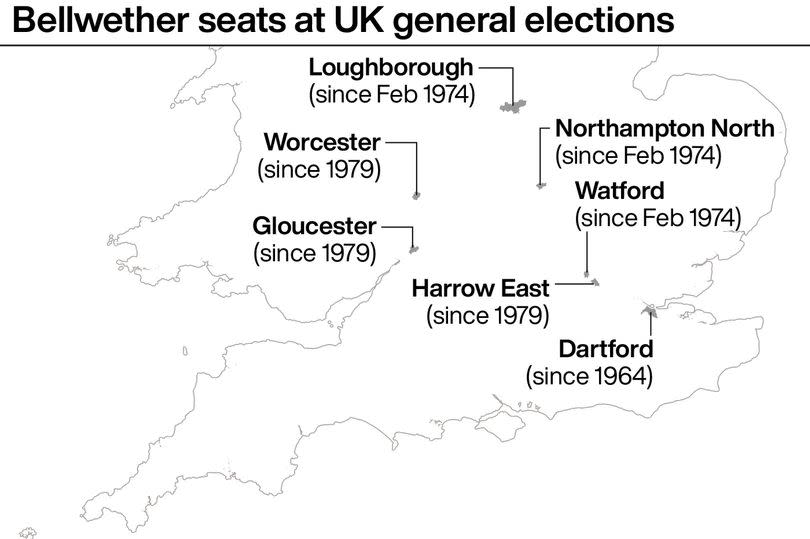 A map showing a selection of bellwether seats at UK general elections