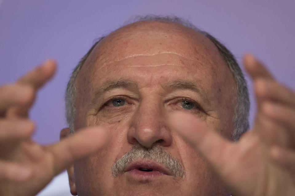 Brazil's soccer coach Luiz Felipe Scolari speaks during a news conference after announcing his list of players for the 2014 Soccer World Cup in Rio de Janeiro, Brazil, Wednesday, May 7, 2014. The team will mix talented young stars such as Neymar and Oscar with more experienced players such as Dani Alves, David Luiz, Thiago Silva and Hulk. (AP Photo/Felipe Dana)