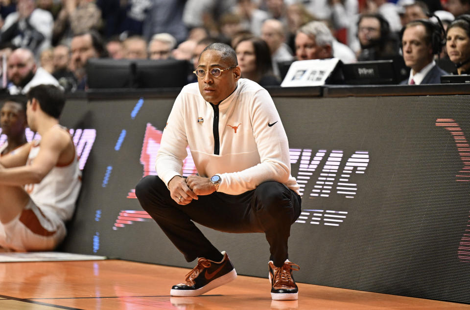 DES MOINES, IA - MARCH 18: Texas Longhorns interim head coach Rodney Terry watches his team play against the Penn State Nittany Lions during the second round of the 2023 NCAA Men's Basketball Tournament held at Wells Fargo Arena on March 18, 2023 in Des Moines, Iowa. (Photo by Jamie Sabau/NCAA Photos via Getty Images)