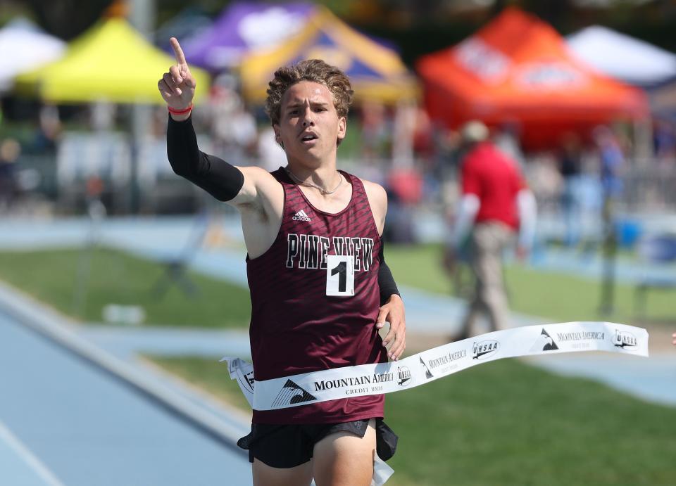 Pine View’s Trey Despain wins the 4A boys 3,200 meters during the Utah high school track and field championships at BYU in Provo on Friday, May 19, 2023. | Jeffrey D. Allred, Deseret News