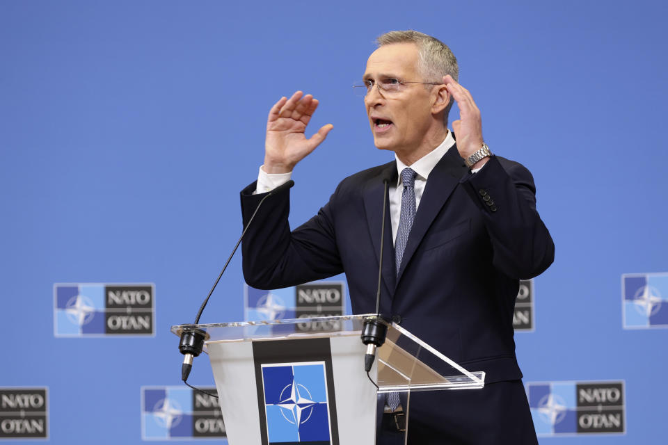 NATO Secretary General Jens Stoltenberg speaks during a media conference, ahead of a meeting of NATO foreign ministers, at NATO headquarters in Brussels, Monday, April 3, 2023. (AP Photo/Geert Vanden Wijngaert)