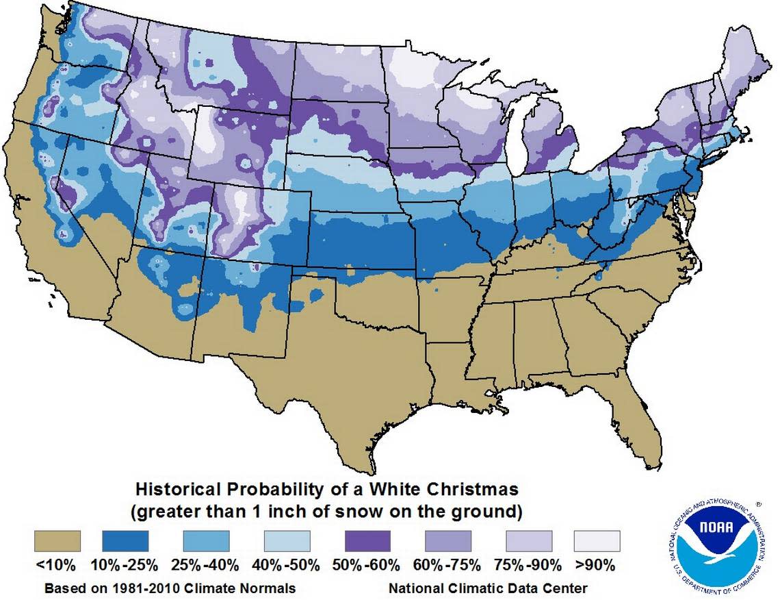 Based only on historical data from the National Oceanic and Atmospheric Administration dating to 1981, most of North Carolina has less than a 10% chance of having a white Christmas in any given year. But it has happened.