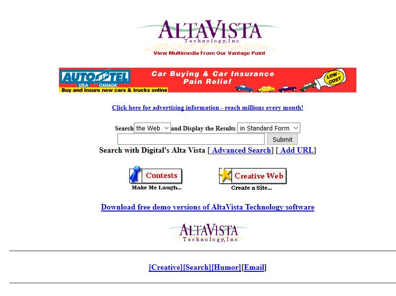 a red banner and search area on the AltaVista website in 1996