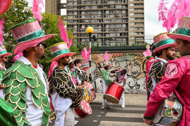 The Paraiso School of Samba Bateria performs during the Notting Hill Carnival parade. (Photo: Clara Watt for HuffPost)