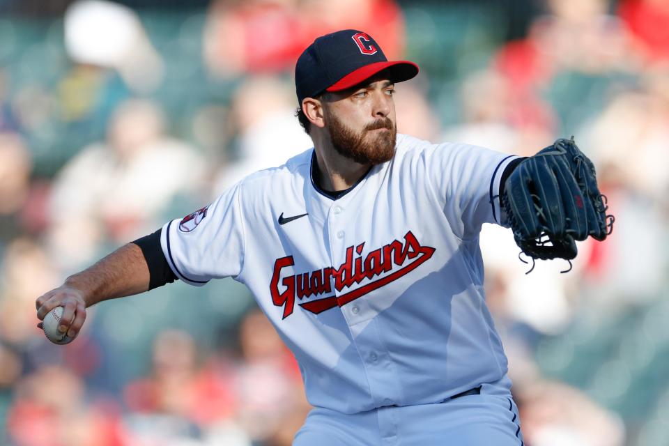 Cleveland Guardians starting pitcher Aaron Civale delivers against the Kansas City Royals during the second inning on Oct. 5, 2022, in Cleveland.