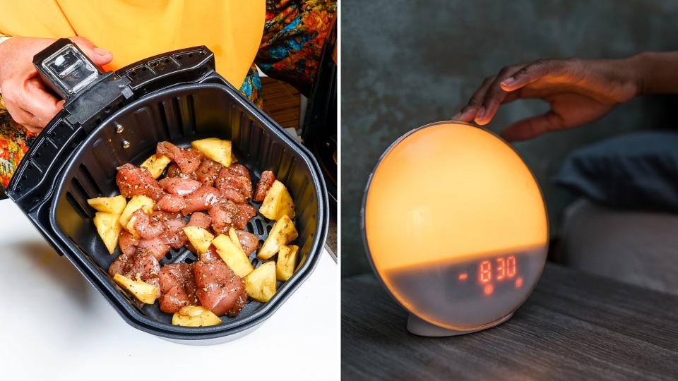  L- cooking with an air fryer, R - a sunrise alarm clock. 