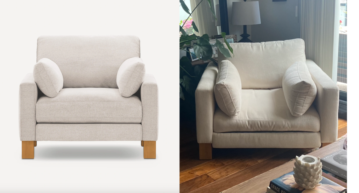 burrow furniture, split screen of burrow union armchair in ivory and burrow union armchair in corner with hardwood floors 