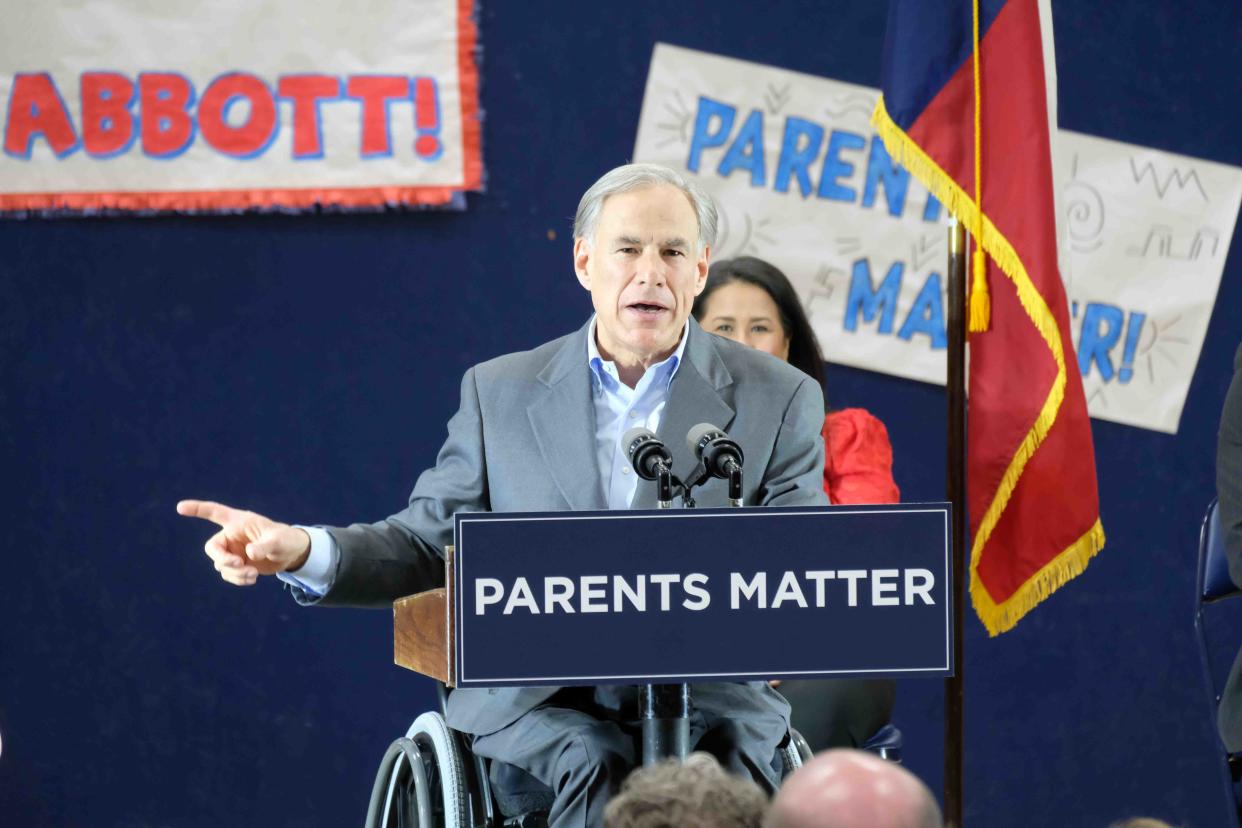 Gov. Greg Abbott stumps for school choice proposals Thursday night at San Jacinto Christian Academy in Amarillo.