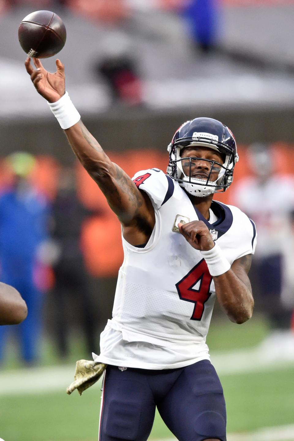 Houston Texans quarterback Deshaun Watson (4) passes during the second half of an NFL football game against the Cleveland Browns, Sunday, Nov. 15, 2020, in Cleveland. (AP Photo/David Richard)