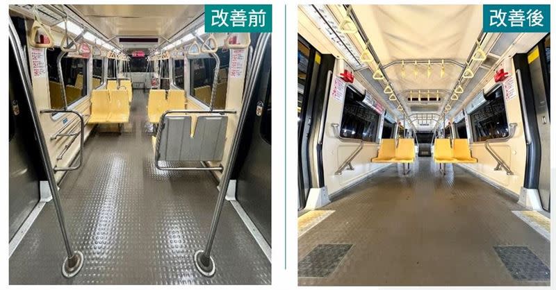 北捷優化文湖線車廂內裝，前後差異圖。（圖／北捷提供）