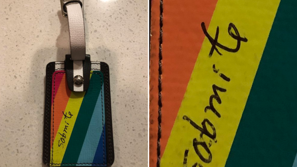 A Delta passenger claims that an employee at the airline allegedly wrote the word "sodomite" on her rainbow luggage tag. (Photo: Twitter)