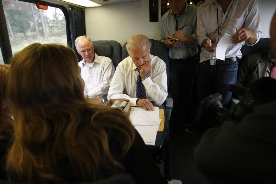 Democratic vice presidential candidate Sen. Joe Biden, D-Del. mingles with passengers on the Amtrak Acela train from Washington to Wilmington, Del., Tuesday, Sept. 16, 2008. (AP Photo/Gerald Herbert)