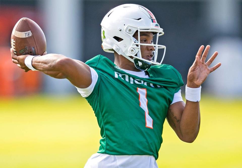 Miami Hurricanes quarterback D’Eriq King (1) sets up to pass during practice at the University of Miami’s Greentree Field in Coral Gables on Monday, March 2, 2020.