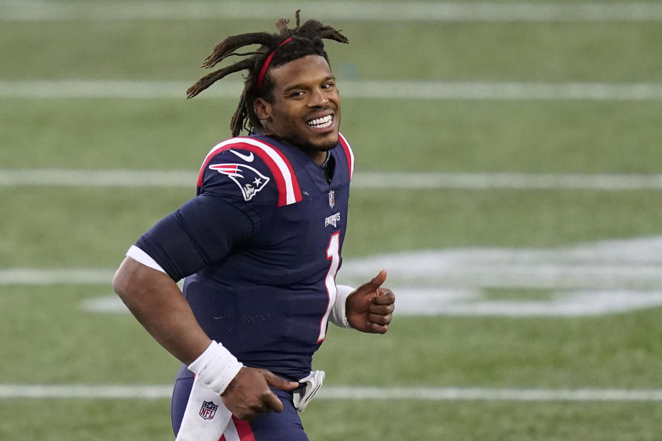 New England Patriots quarterback Cam Newton leaves the field after an NFL football game against the against the Arizona Cardinals, Sunday, Nov. 29, 2020, in Foxborough, Mass. (AP Photo/Elise Amendola)