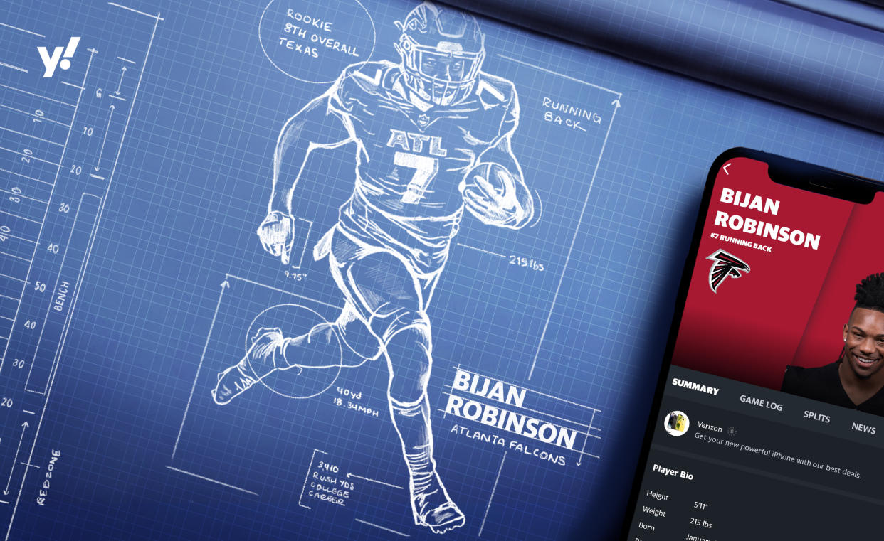 Bijan Robinson is the top fantasy rookie in the 2023 class. (Illustration by Taylar Sievert, Yahoo Sports)