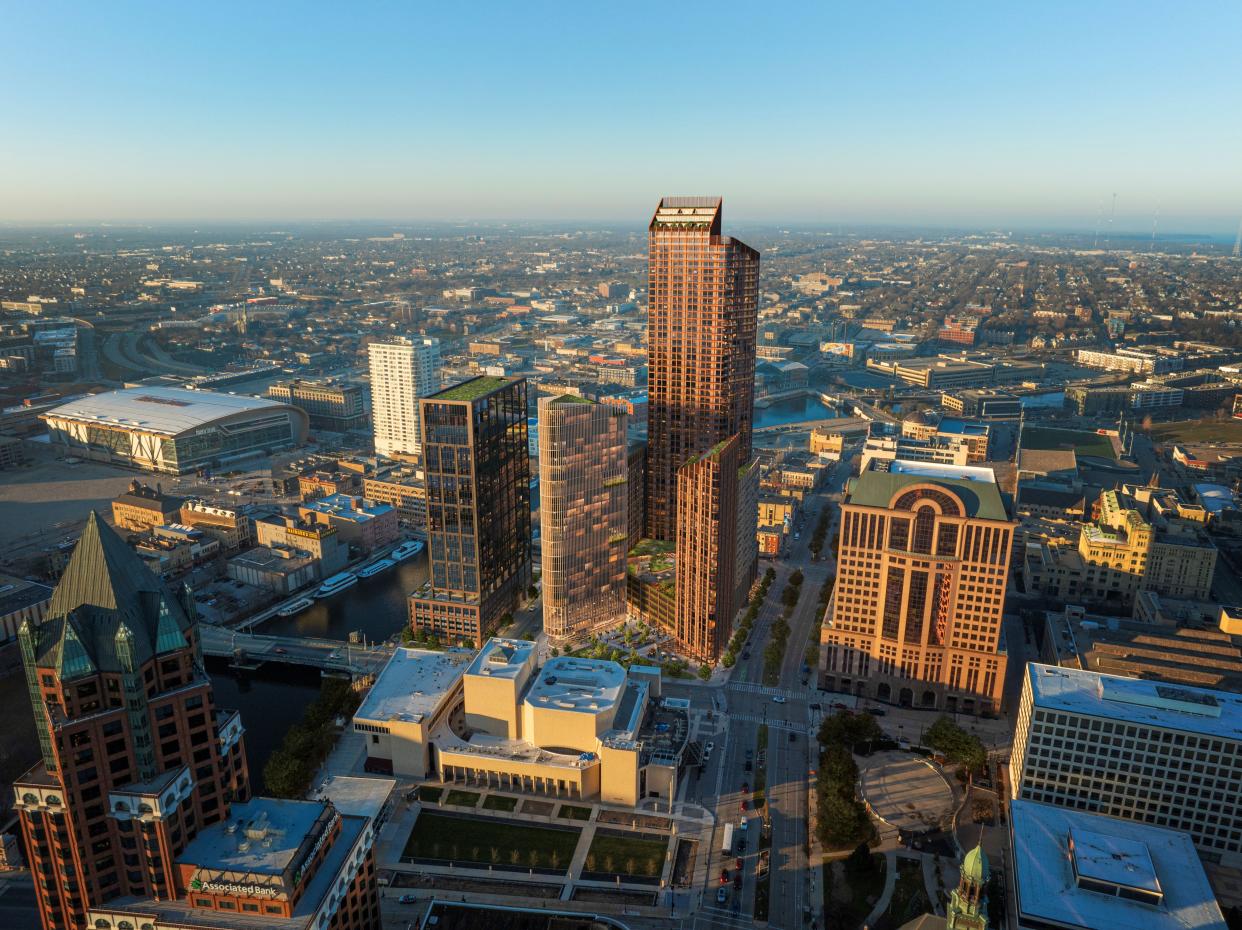 A 55-story apartment high-rise is part of conceptual plans for the Marcus Performing Arts Center parking structure site in downtown Milwaukee.