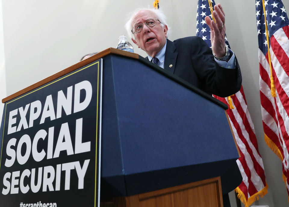 WASHINGTON, DC - FEBRUARY 13: Sen. Bernie Sanders (I-VT) speaks during a news conference to announce legislation to expand Social Security, on Capitol Hill February 13, 2019 in Washington, DC. Sen. Sanders proposal would contribute to Social Security with payroll taxes on income above $250,000. (Photo by Mark Wilson/Getty Images)