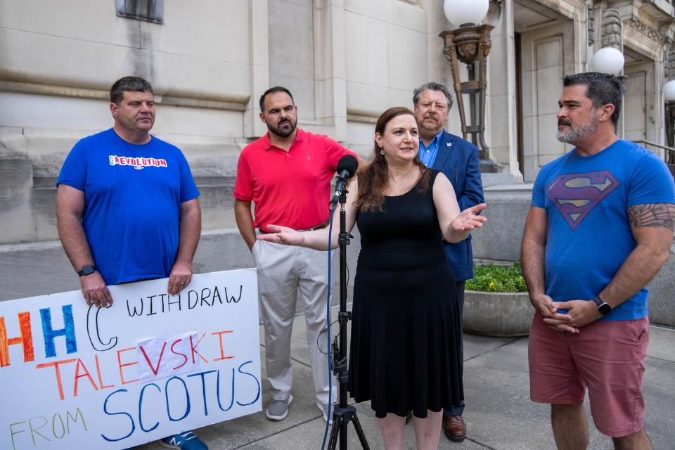 Susie Talevski, daughter of Gorgi Talevski, speaks Thursday, June 8, 2023 during the press conference after the Supreme Court denies Health & Hospital Corp.'s effort to stop her family's lawsuit.