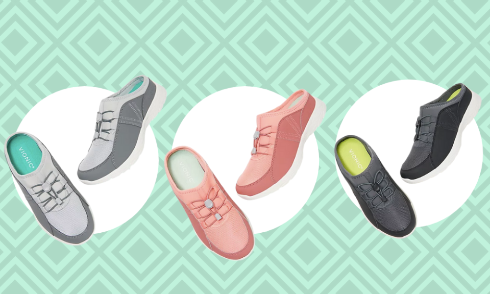 Three pairs of slip on sneakers shown in gray, peach, and black.