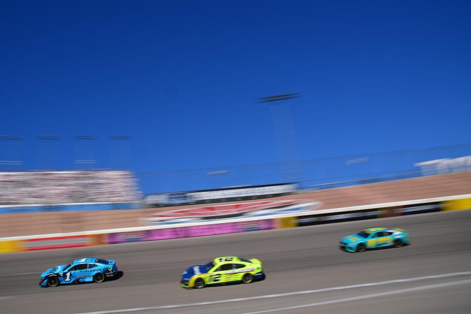 Ryan Blaney (12) races during the NASCAR Cup Series playoff race, Sunday at Las Vegas Motor Speedway.