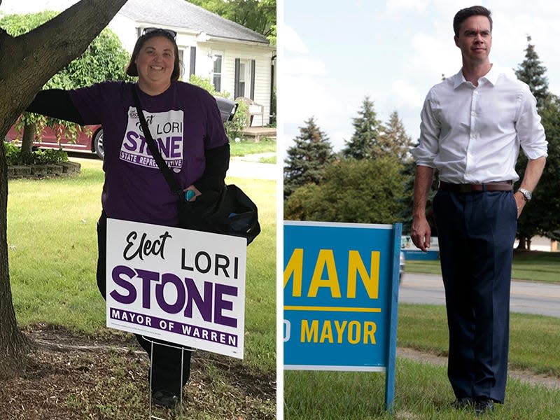 State Rep. Lori Stone, D-Warren, poses with her campaign sign as she knocks on voters doors to ask for their support for her mayoral bid on June 12, 2023. At left, Rep. Kevin Coleman of the 15th District with one of the many campaign signs in Westland on Thursday, July 6, 2023. Both Democratic representatives won their mayoral races Tuesday.
