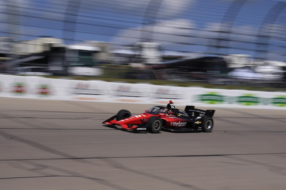 Will Power, of Australia, drives his car during practice for an IndyCar Series auto race, Friday, July 21, 2023, at Iowa Speedway in Newton, Iowa. (AP Photo/Charlie Neibergall)