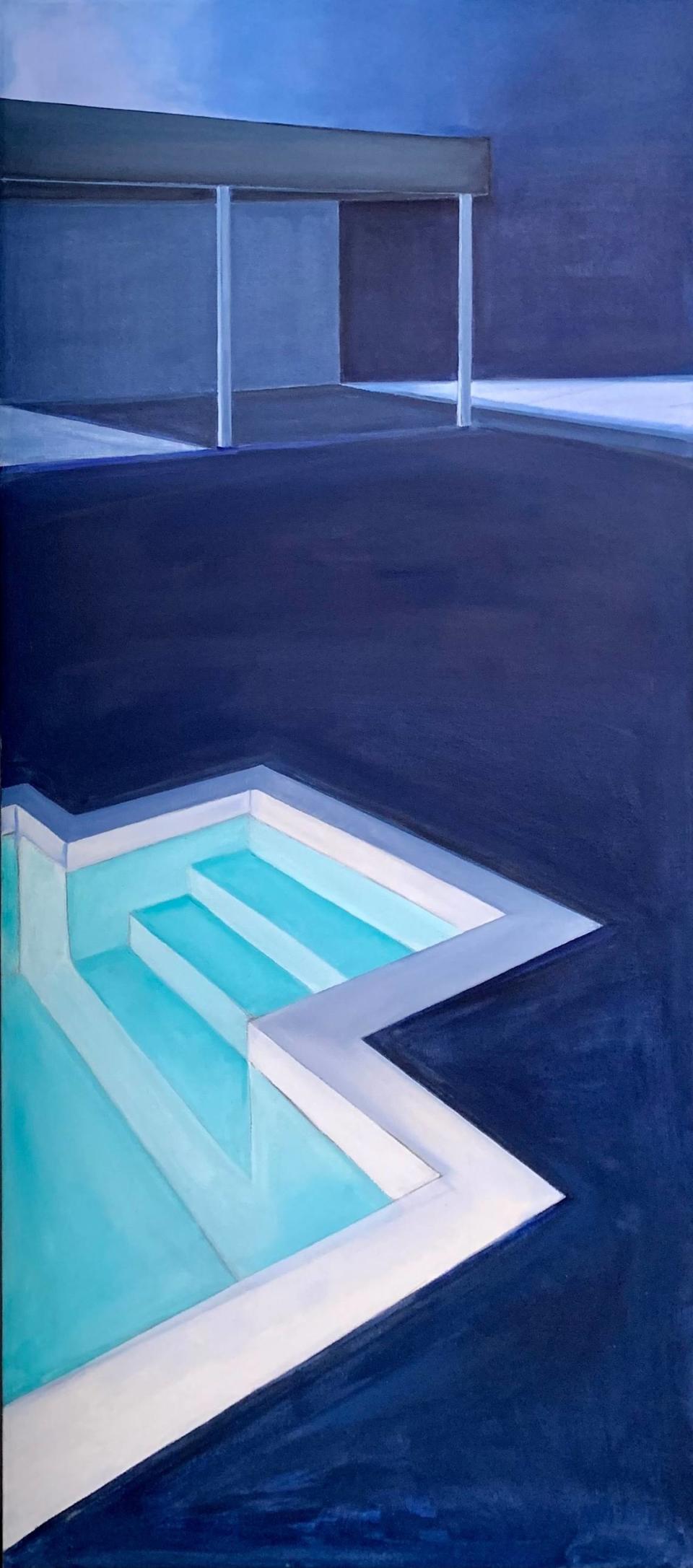 Carmen Smith ha hecho de la piscina —y de sus elementos asociados, como barandillas y toboganes— un tema principal en su pintura con la serie “Night Swimming” (en la foto). Foto Carmen Smith/Cortesía IMAGO Cultural Center