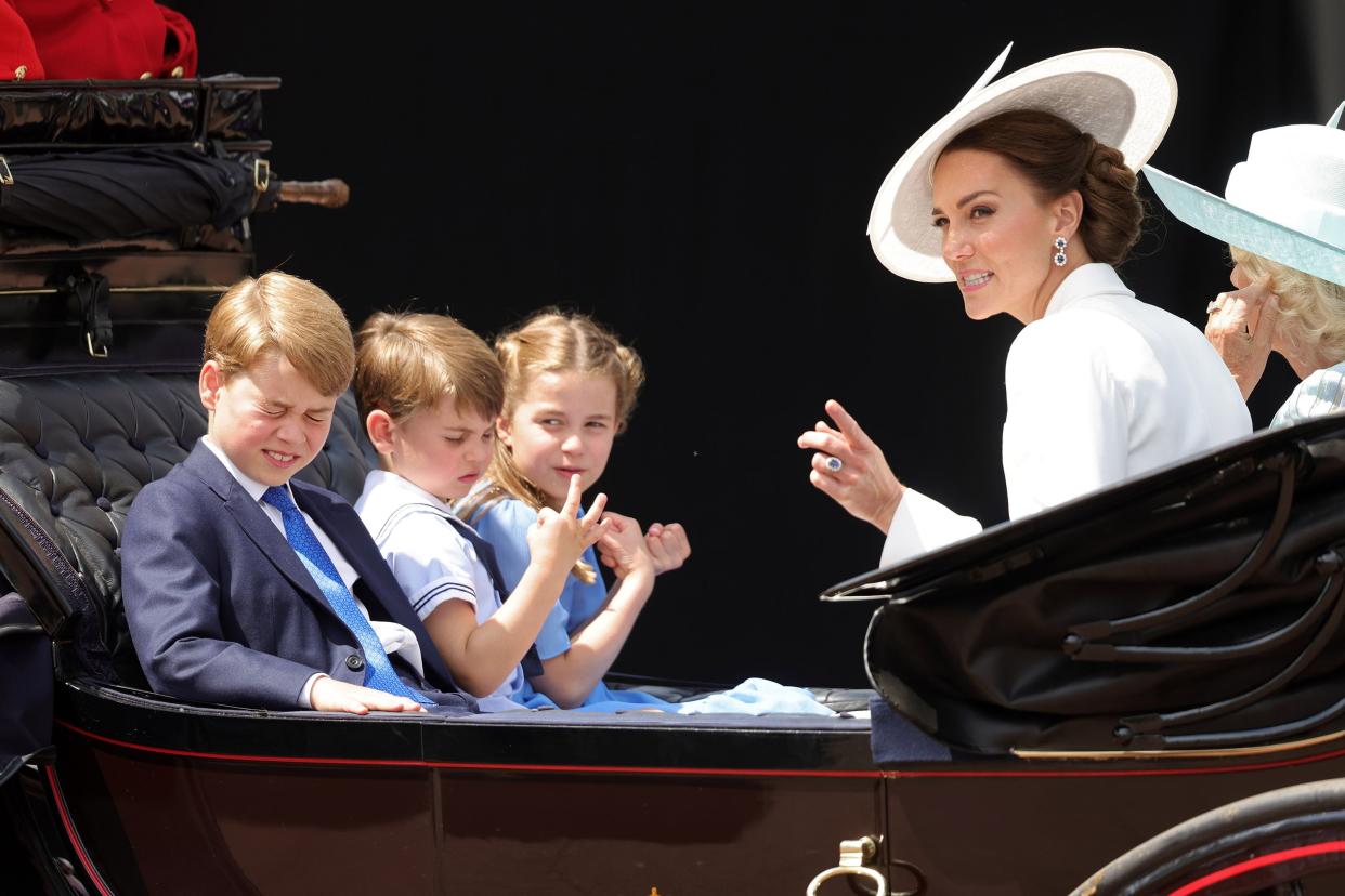 Catherine, Duchess of Cambridge, Prince George of Cambridge, Prince Louis of Cambridge and Princess Charlotte of Cambridge ride in a carriage during the Trooping the Colour parade at Buckingham Palace on June 02, 2022, in London, England. The Platinum Jubilee of Elizabeth II is being celebrated from June 2 to June 5, 2022, in the UK and Commonwealth to mark the 70th anniversary of the accession of Queen Elizabeth II on 6 February 1952.