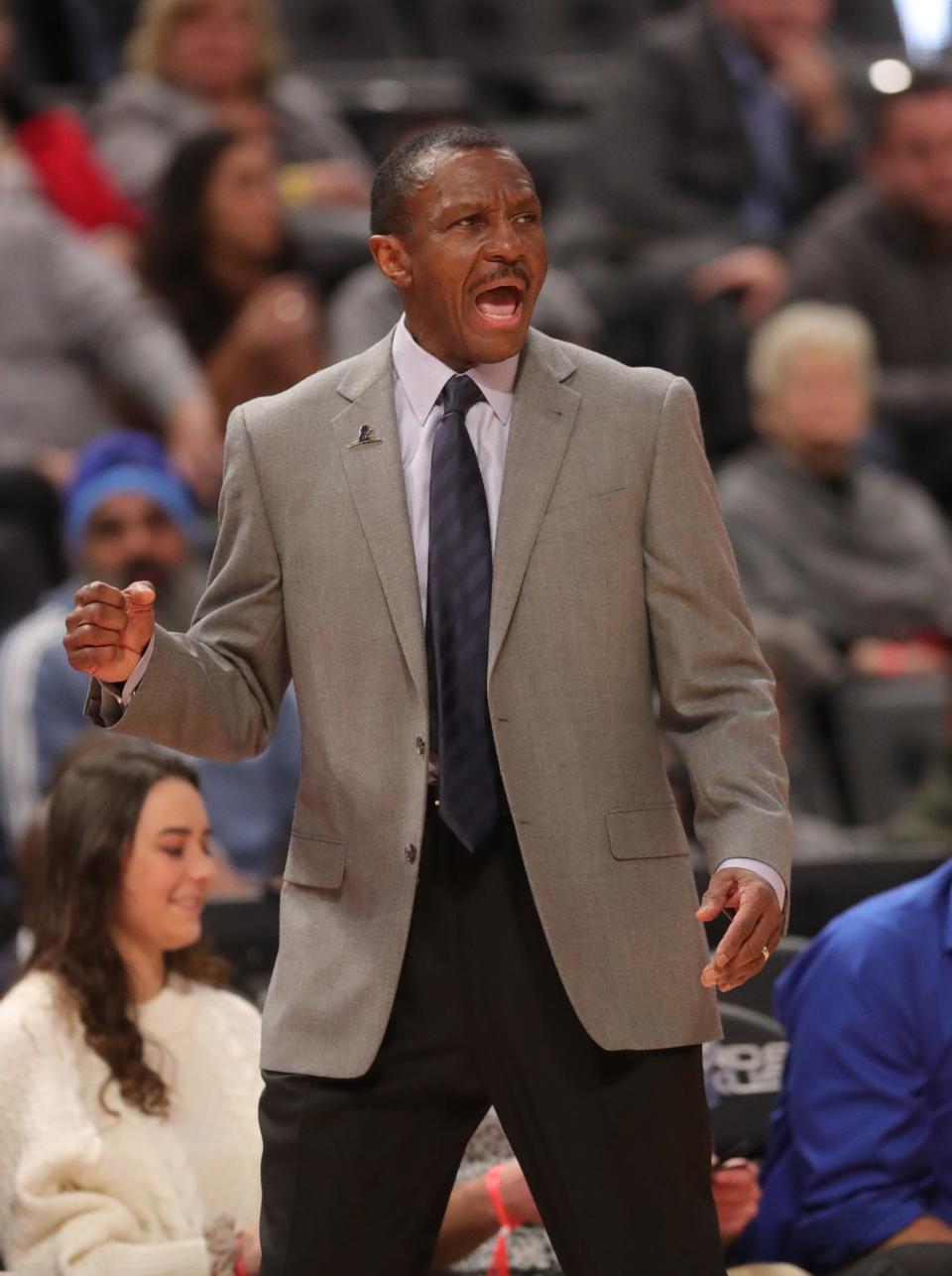 Pistons coach Dwane Casey on the bench during the Pistons' 117-110 overtime loss to the Pelicans on Monday, Jan.13, 2020, at Little Caesars Arena.