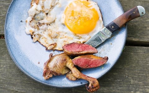 Adam Byatt's pan-fried wood pigeon with fried goose egg 