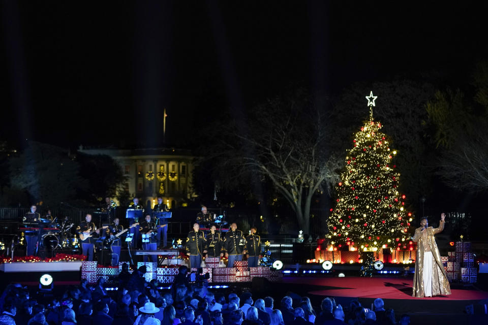 FILE - Billy Porter performs as President Joe Biden and first lady Jill Biden attend the National Christmas Tree lighting ceremony at the Ellipse near the White House, Dec. 2, 2021, in Washington. (AP Photo/Andrew Harnik, File)