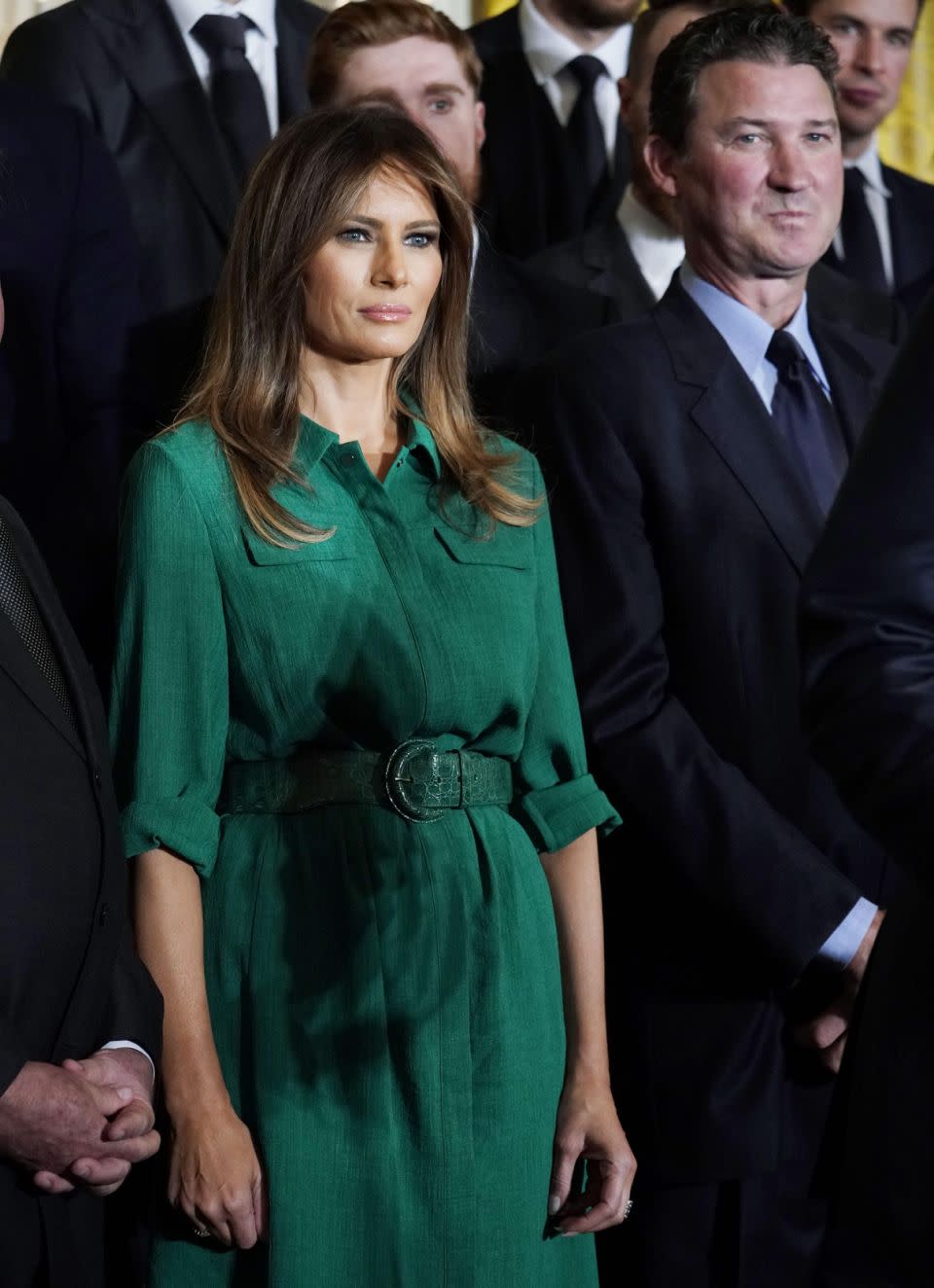 Melania Trump stepped out in this Samantha Cameron green dress at an event honouring the 2017 Stanley Cup Champions. Photo: Getty Images