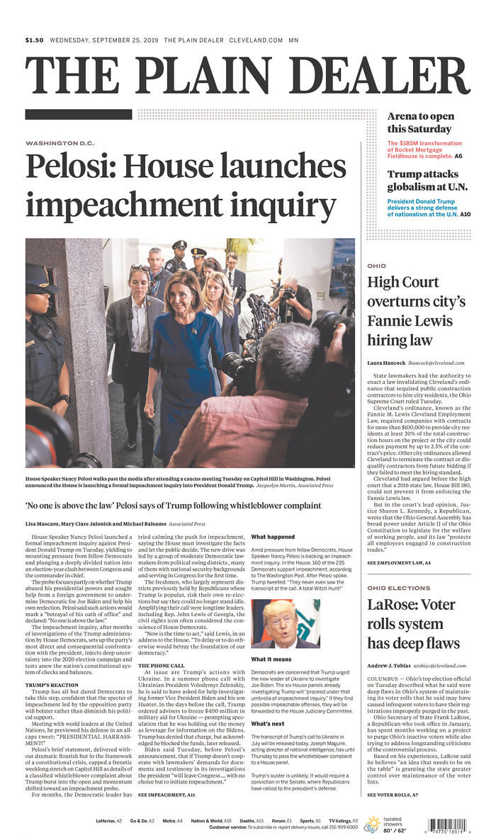 Pelosi: House launches impeachment inquiry The Plain Dealer Published in Cleveland, Ohio USA. (newseum.org)