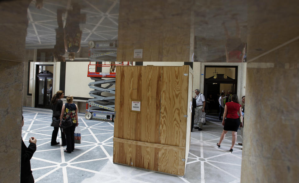 Works of art are boxed for protection in the Rodin Museum on Wednesday, May 16, 2012, in Philadelphia. After a three-year renovation, the museum is scheduled to reopen to the public on July 13. (AP Photo/Alex Brandon)