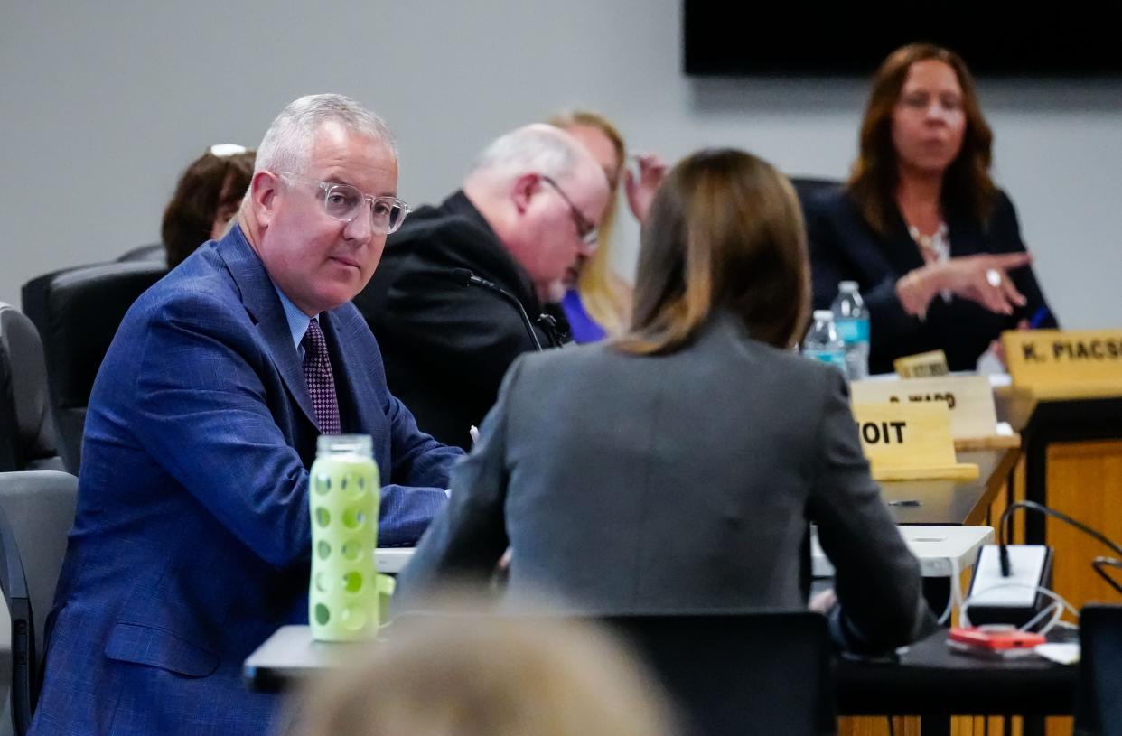 Waukesha Schools superintendent James Sebert testifies during a July 12 termination hearing to determine the fate of teacher Melissa Tempel. Sebert recommended Tempel be fired for a tweet criticizing the district's decision to ban the Miley Cyrus and Dolly Parton song "Rainbowland."