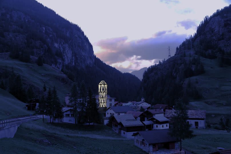 Une projection en 3D montre le Tor Alva s'élevant du col du Julier à la tombée de la nuit