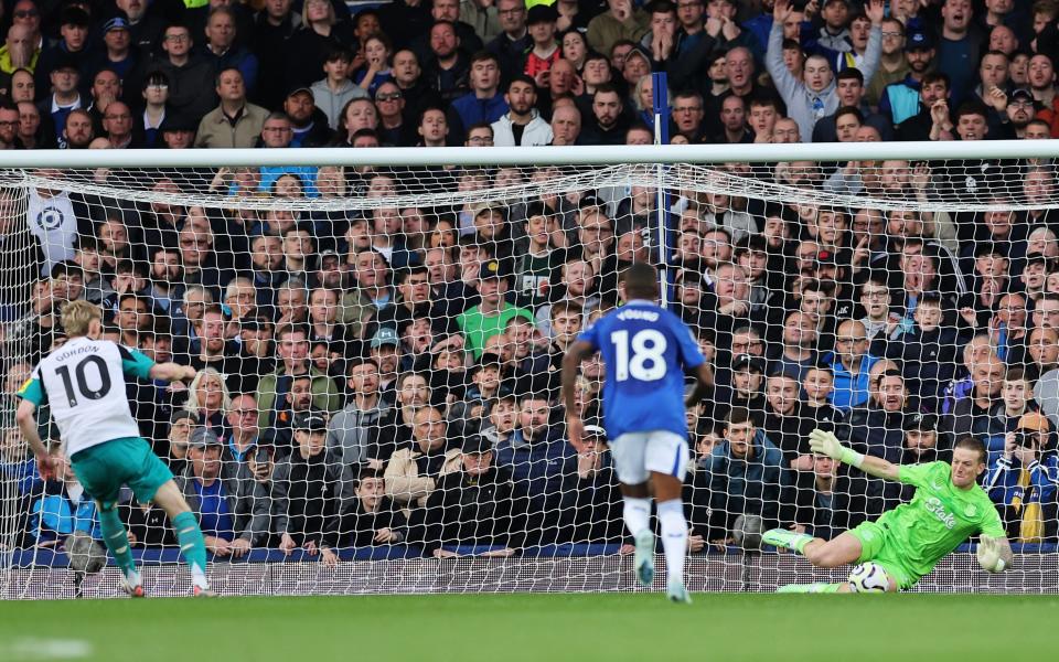 No happy homecoming yet for Anthony Gordon, whose penalty is saved by Everton goalkeeper Jordan Pickford in their match against Newcastle United.