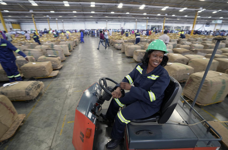 A woman operates a cart during the opening of the tobacco selling season in Harare, Zimbabwe, Wednesday, March 13, 2024. Zimbabwe one of the worlds largest tobacco producers, on Wednesday opened its tobacco selling season. Officials and farmers said harvests and the quality of the crop declined due to a drought blamed on climate change and worsened by the El Niño weather phenomenon.(AP Photo/Tsvangirayi Mukwazhi)