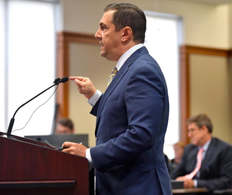 Attorney Matthew Sarelson, representing Christian and Bridget Ziegler, makes his opening statement during a hearing in front of Judge Hunter Carroll, Thursday, May 16, 2024 in Sarasota.