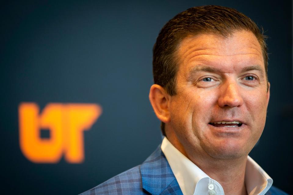 Tennessee Athletic Director Danny White speaks to the media after presenting a renovations plan for Neyland Stadium to the Board of Trustees at its meeting at the University of Tennessee at Knoxville on Thursday, June 23, 2022.

Kns Neyland Board Of Trustees Bp