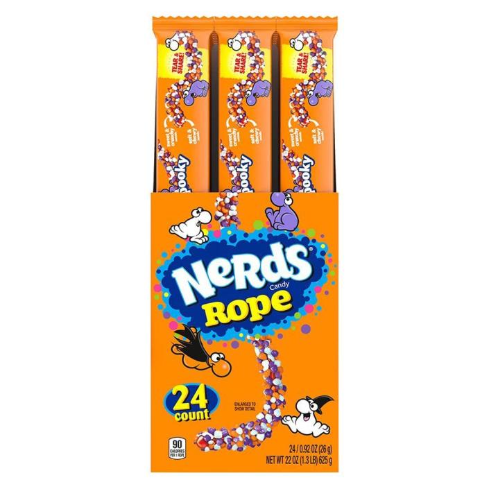 <p><strong>Ferrara</strong></p><p>amazon.com</p><p><strong>$24.99</strong></p><p>Adults who give out full-sized candy bars to kids are the real MVPs of Halloween. You won’t hear any complaints when you give out this spooky Nerds Rope. The gummy center is covered in orange, purple, and white crunchy Nerds candy for a festive bite.</p>