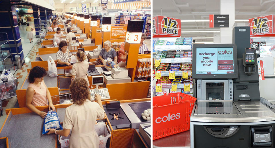 Coles checkouts in Belmont, NSW, in the 1980 (left) and a Coles self-service checkout (right)