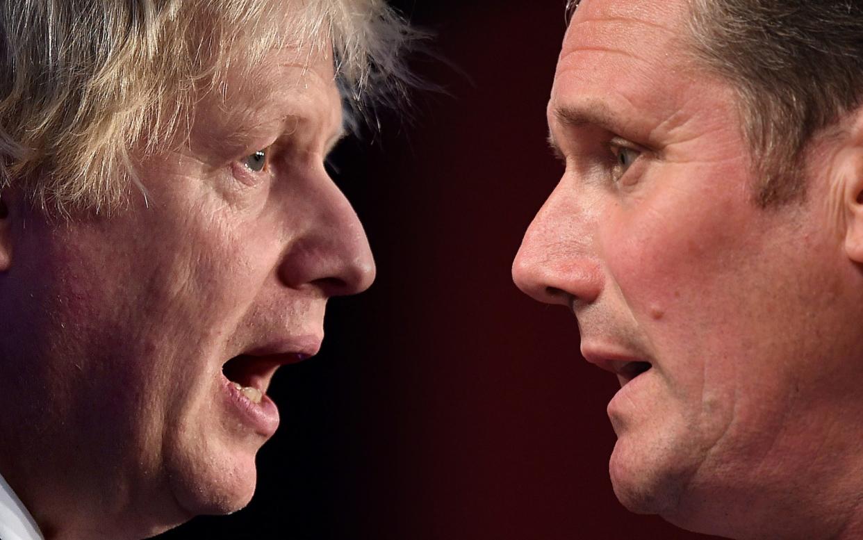 FILE PHOTO (EDITORS NOTE: COMPOSITE OF IMAGES - Image numbers 1064755202, 1170487933 - GRADIENT ADDED) In this composite image a comparison has been made between the Prime Minister Boris Johnson and the leader of the opposition and Labour Leader Keir Starmer. ***LEFT IMAGE*** BELFAST, NORTHERN IRELAND - NOVEMBER 24: Conservative party MP Boris Johnson delivers his speech during the Democratic Unionist Party annual conference at the Crown Plaza Hotel on November 24, 2018 in Belfast, Northern Ireland. The DUP strongly oppose the propsed Brexit deal brokered between the UK government and the EU. The DUP currently props up the Conservative UK government following the last general election. (Photo by Charles McQuillan/Getty Images) ***RIGHT IMAGE*** BRIGHTON, ENGLAND - SEPTEMBER 23: Keir Starmer, Shadow Secretary of State addresses delegates on the third day of the Labour Party conference on September 23, 2019 in Brighton, England. Labour Conference will debate and vote on their Brexit position this afternoon pitting Jeremy Corbyn's neutral stance against the party membership's wish to Remain in the UK. Labour Conference returns to Brighton this year against a backdrop of Brexit Chaos. (Photo by Leon Neal/Getty Images) - Leon Neal/Getty Images