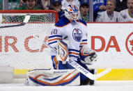 VANCOUVER, CANADA - APRIL 7: Goalie Devan Dubnyk #40 of the Edmonton Oilers makes a save against the Vancouver Canucks during the first period in NHL action on April 07, 2012 at Rogers Arena in Vancouver, British Columbia, Canada. (Photo by Rich Lam/Getty Images)