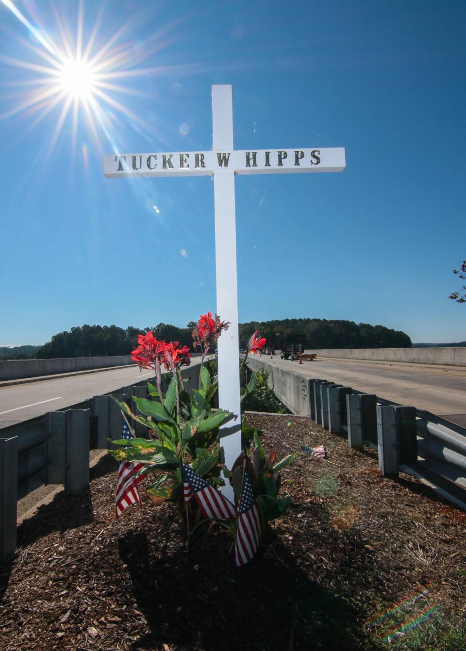 A memorial stands for Tucker Hipps, who died in Sept. 22, 2014, after a fall off the S.C. 93 bridge over Hartwell Lake near Clemson University.
