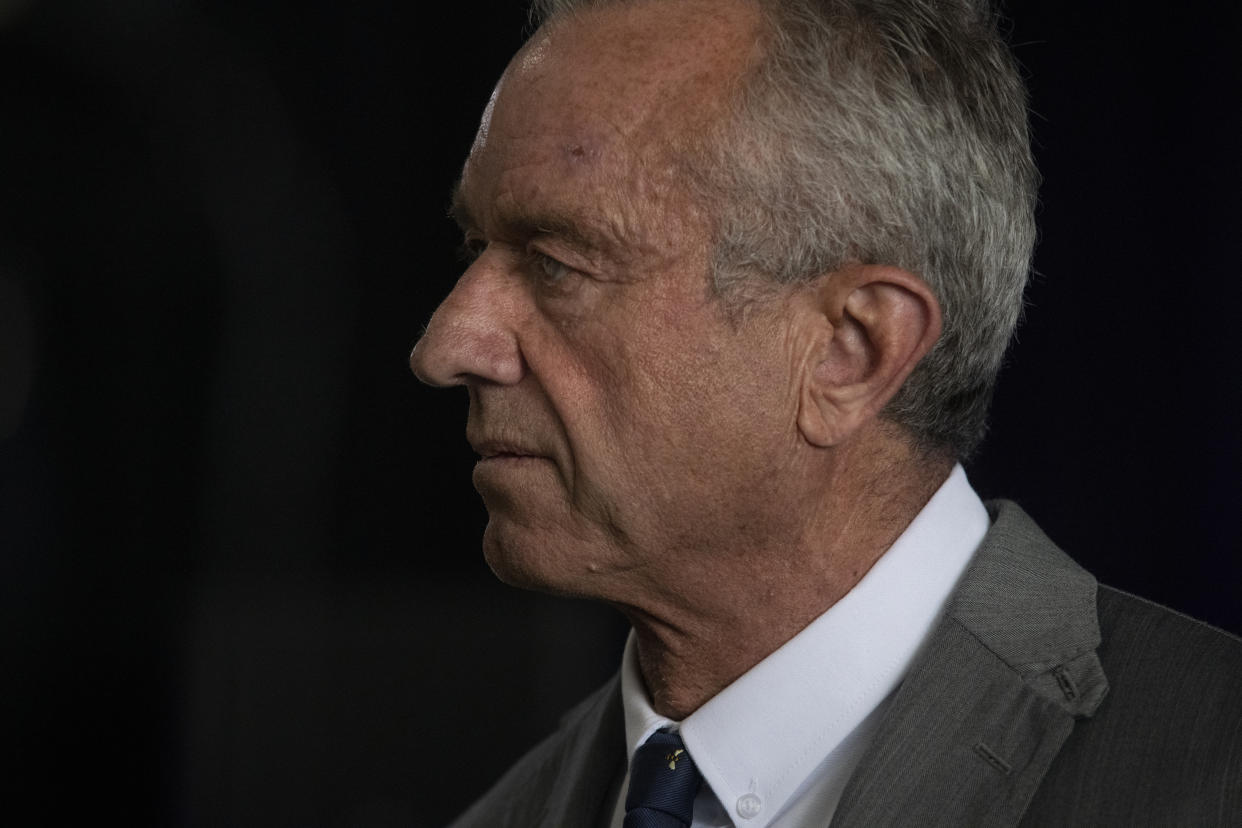 Robert F. Kennedy Jr. listens to questions from the press after a campaign event in Aurora, Colo. on May 19, 2024. (Rachel Woolf/The New York Times)