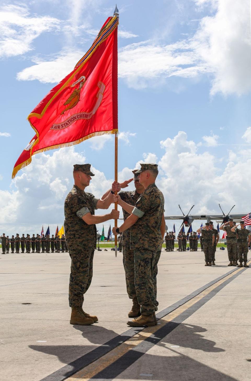 A change of command ceremony was held at Cherry Point Friday Morning where retiring Col. Mikel R. Huber relinquished command of the air station to Col. Brendan C. Burks.