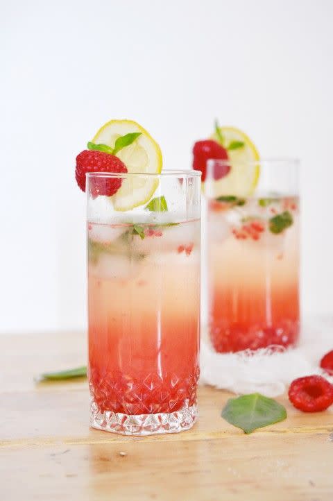 <p>Muddled basil, raspberry, limoncello, and champagne combine in this refreshing summer cocktail.</p><p>Get the recipe from <a href="http://www.jacquelynclark.com/2013/07/04/raspberry-basil-champagne-cocktail/" rel="nofollow noopener" target="_blank" data-ylk="slk:Lark & Linen;elm:context_link;itc:0;sec:content-canvas" class="link ">Lark & Linen</a>.</p>
